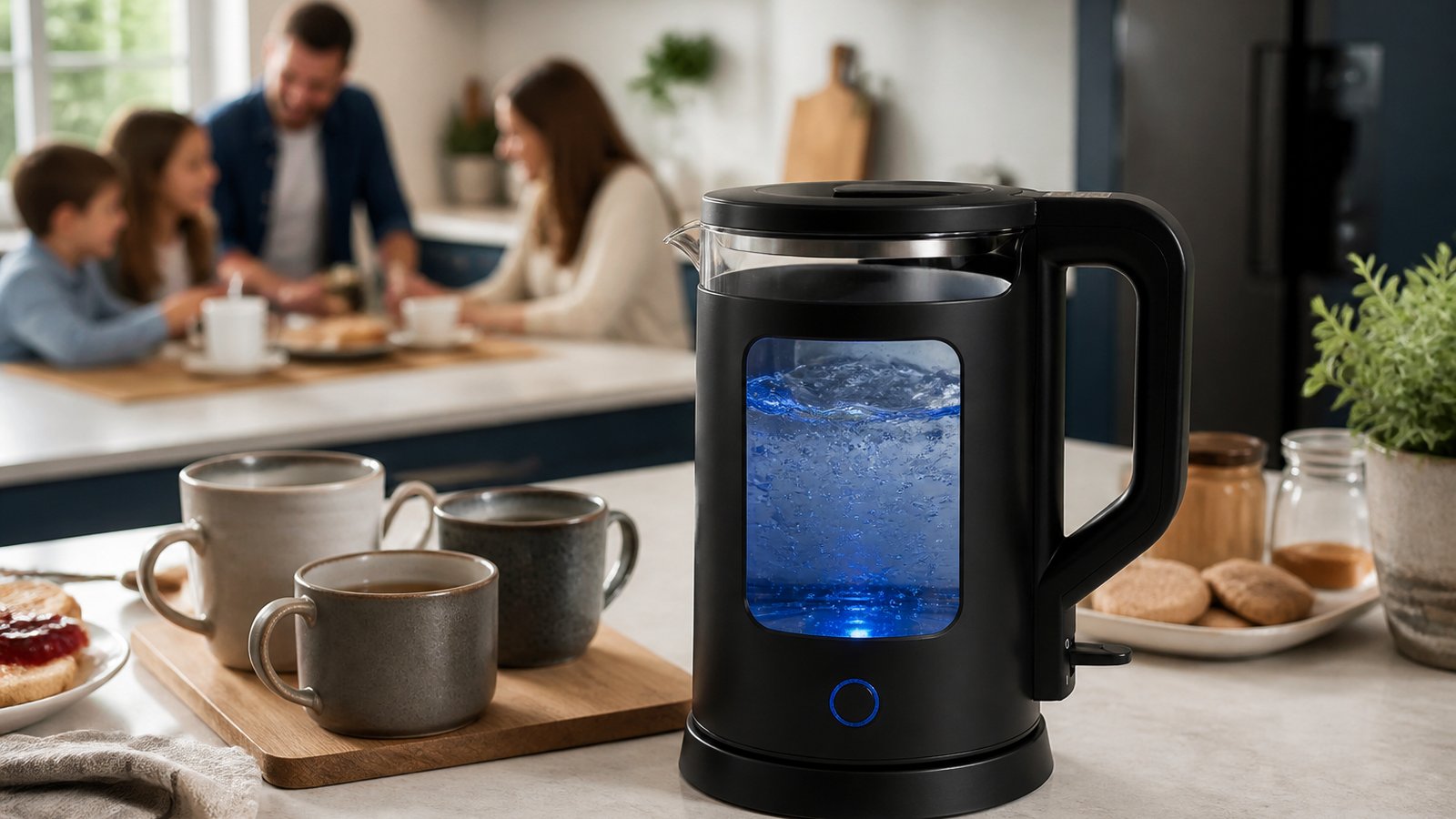 Blue-LED glass kettle ready for a family tea round