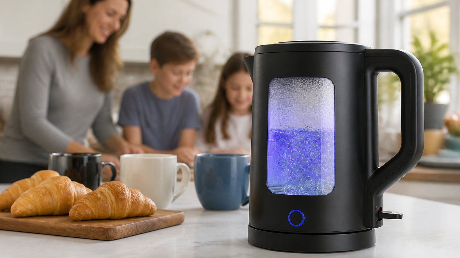Blue-LED glass kettle ready for a family tea round