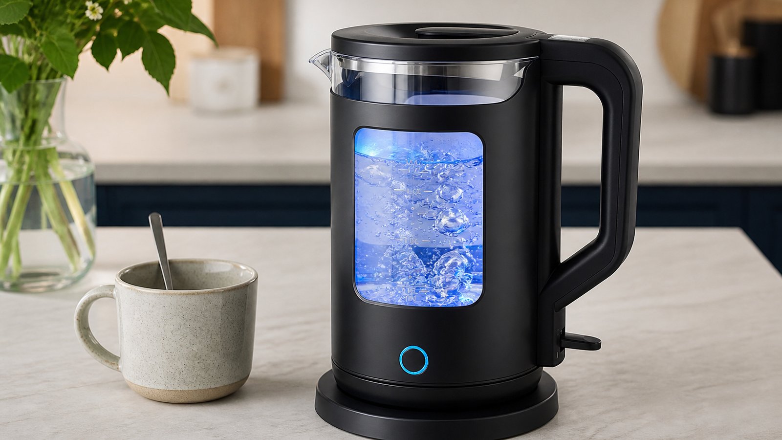 Glass kettle on base with soft keep-warm blue ring lit