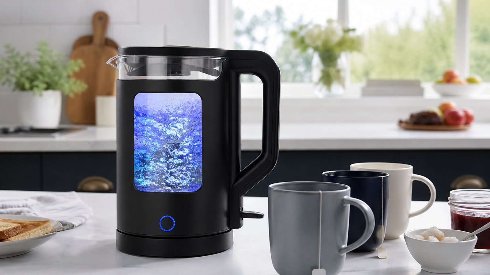 Blue-LED glass kettle ready for a family tea round