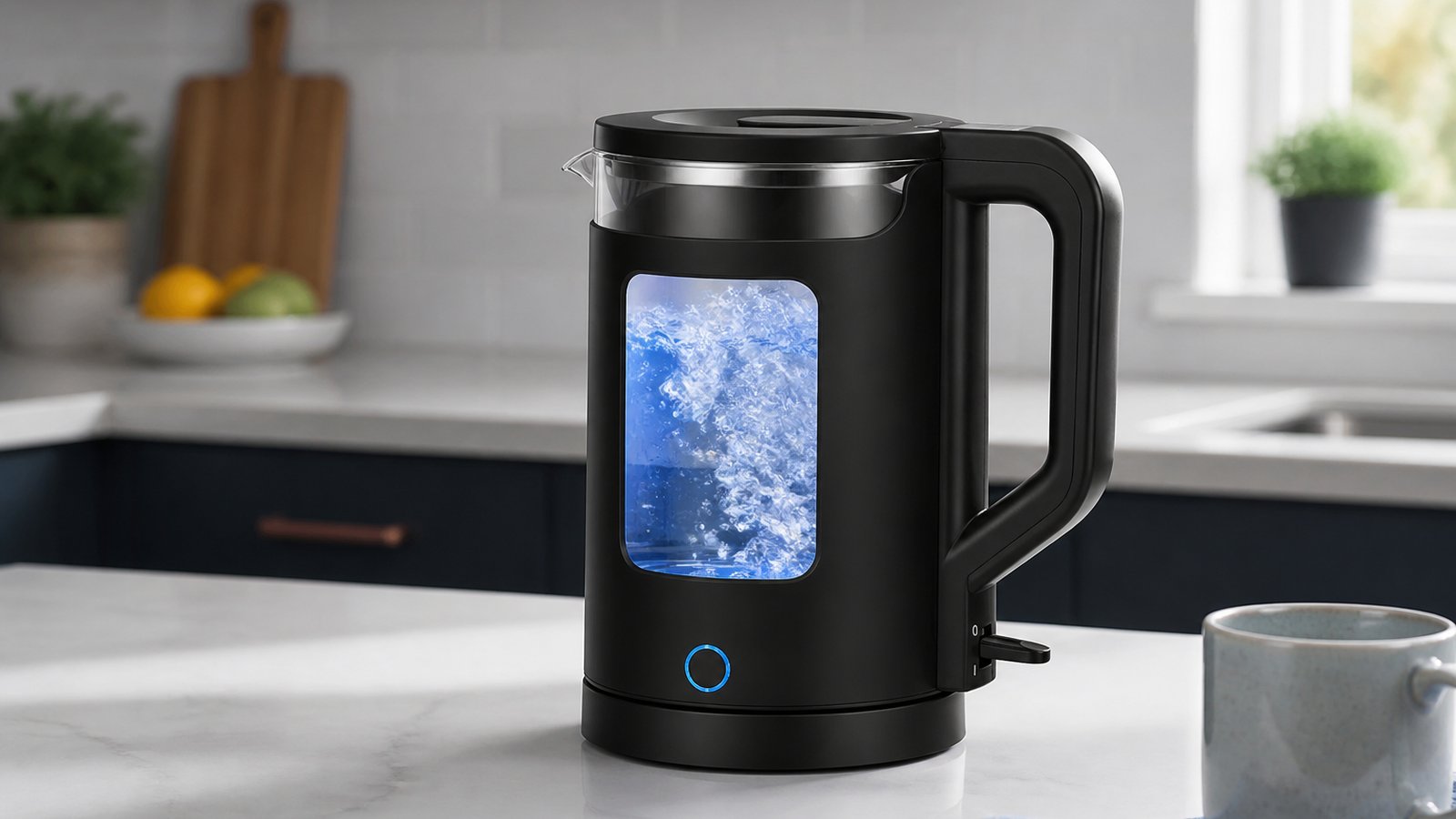 Blue LED glowing through a borosilicate kettle window