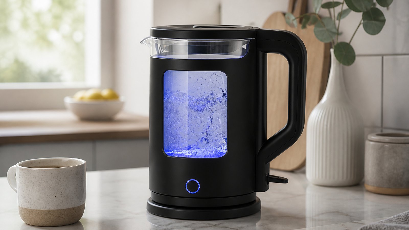 Blue LED glowing through a borosilicate kettle window