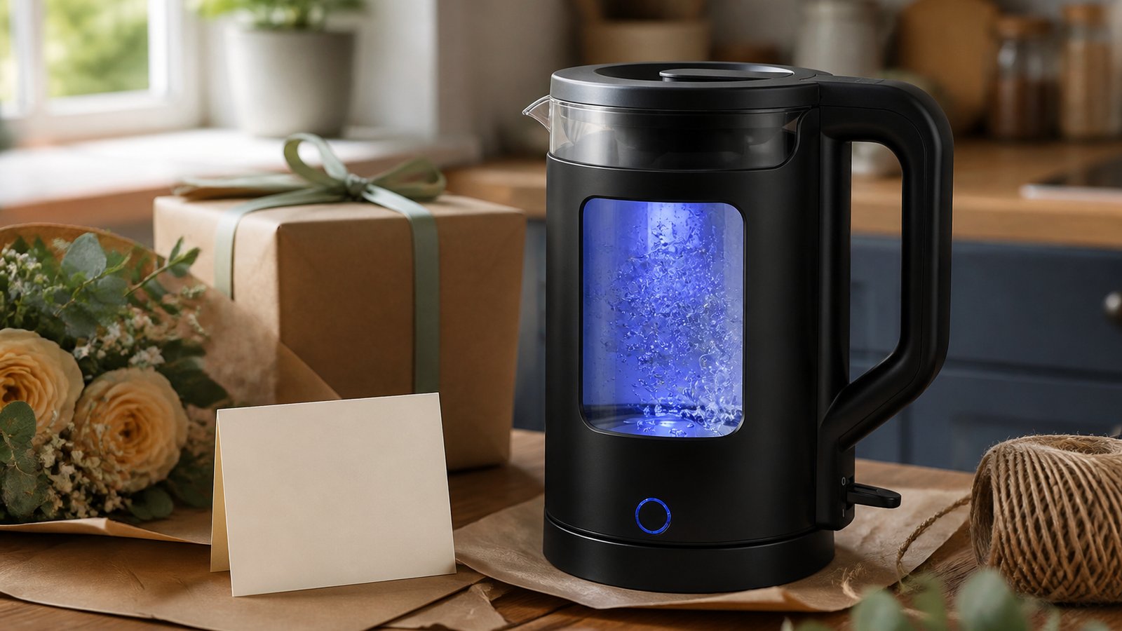UK lifestyle photo for blue led kettle present for couple