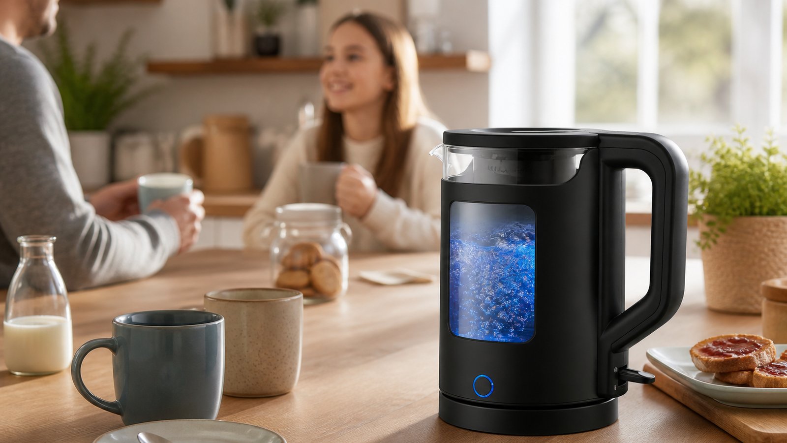 UK lifestyle photo for family tea round glass kettle uk