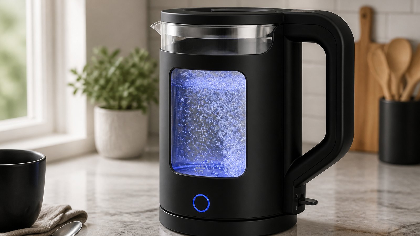 Borosilicate glass window and stainless accents on kettle