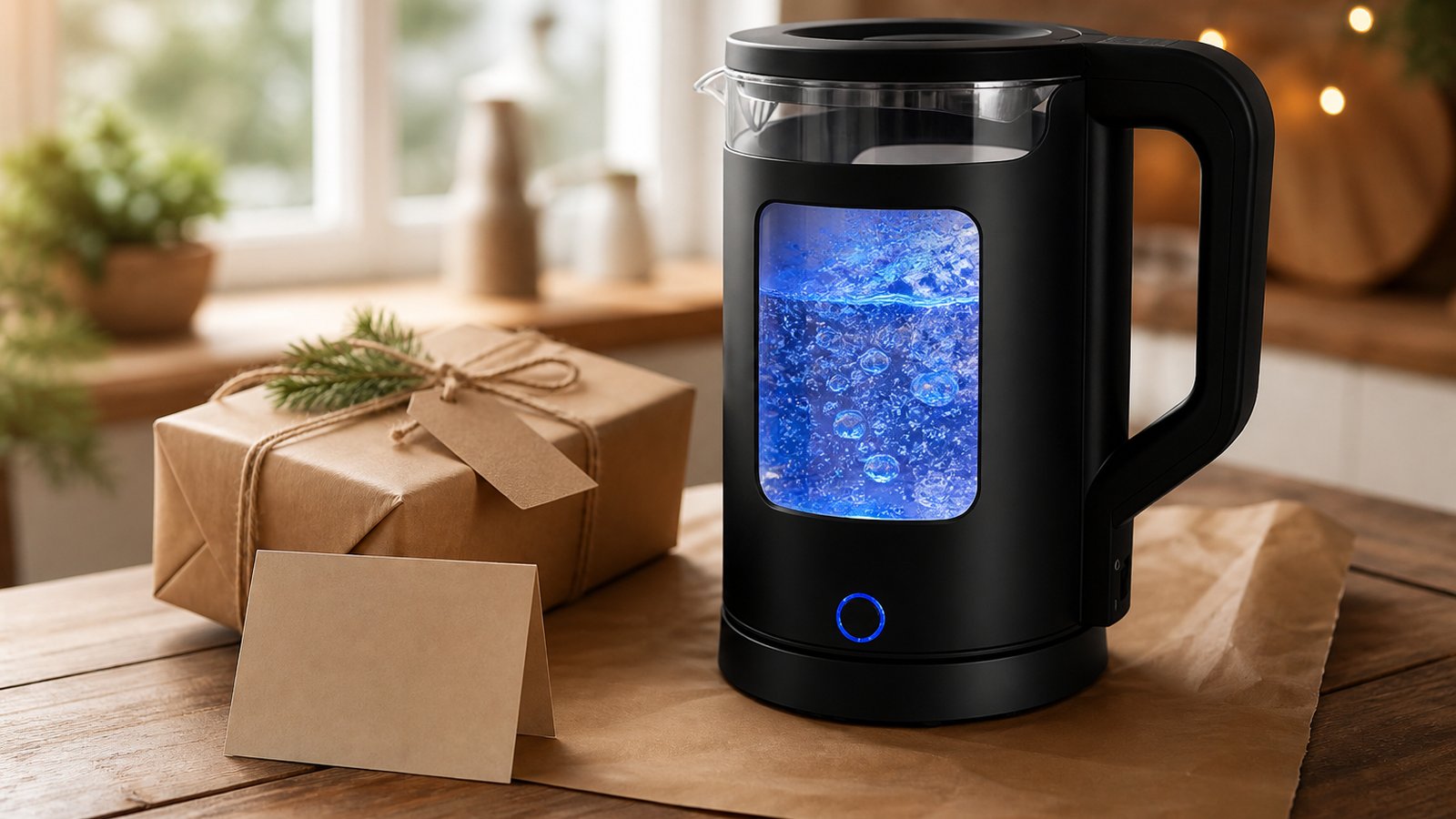 Matte-black glass kettle styled as a practical home gift
