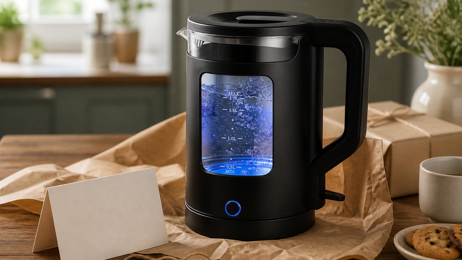 Matte-black glass kettle styled as a practical home gift