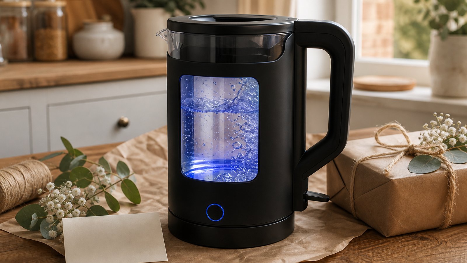 Matte-black glass kettle styled as a practical home gift