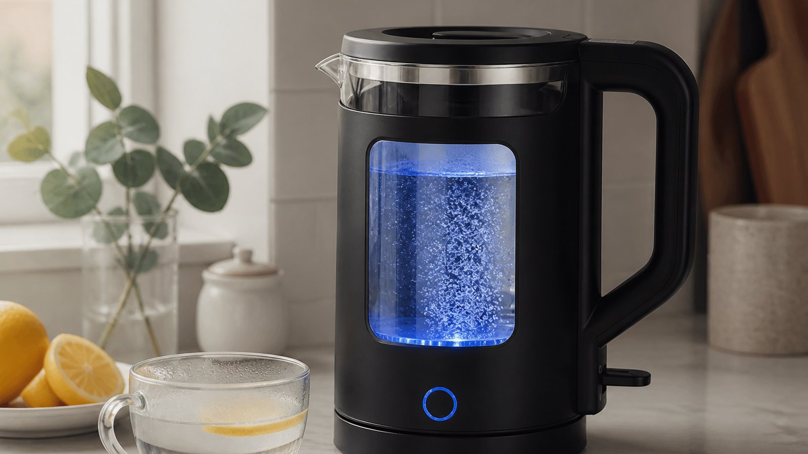 Borosilicate glass window and stainless accents on kettle
