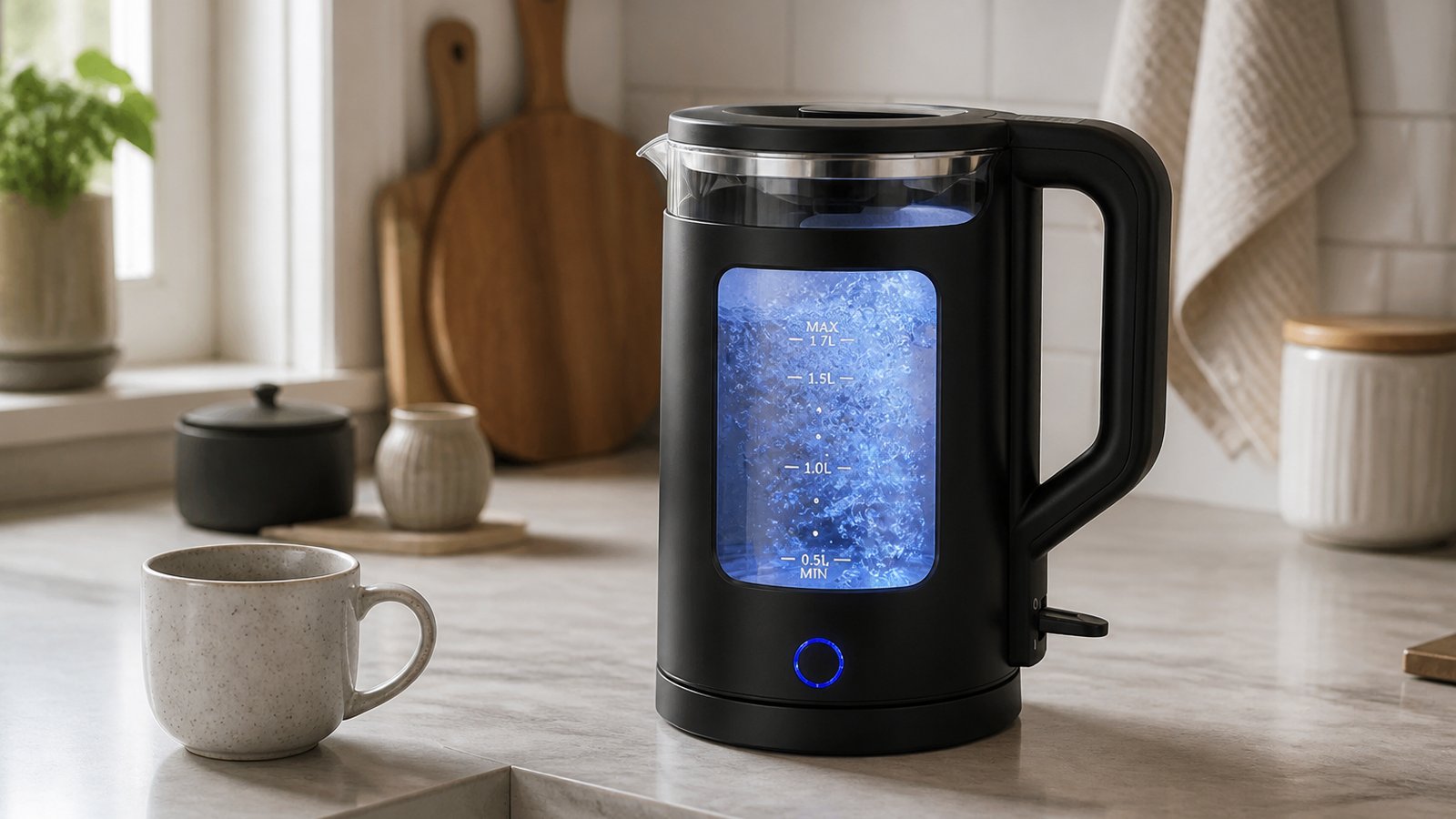 Easy-pour glass-window kettle on a clear kitchen worktop