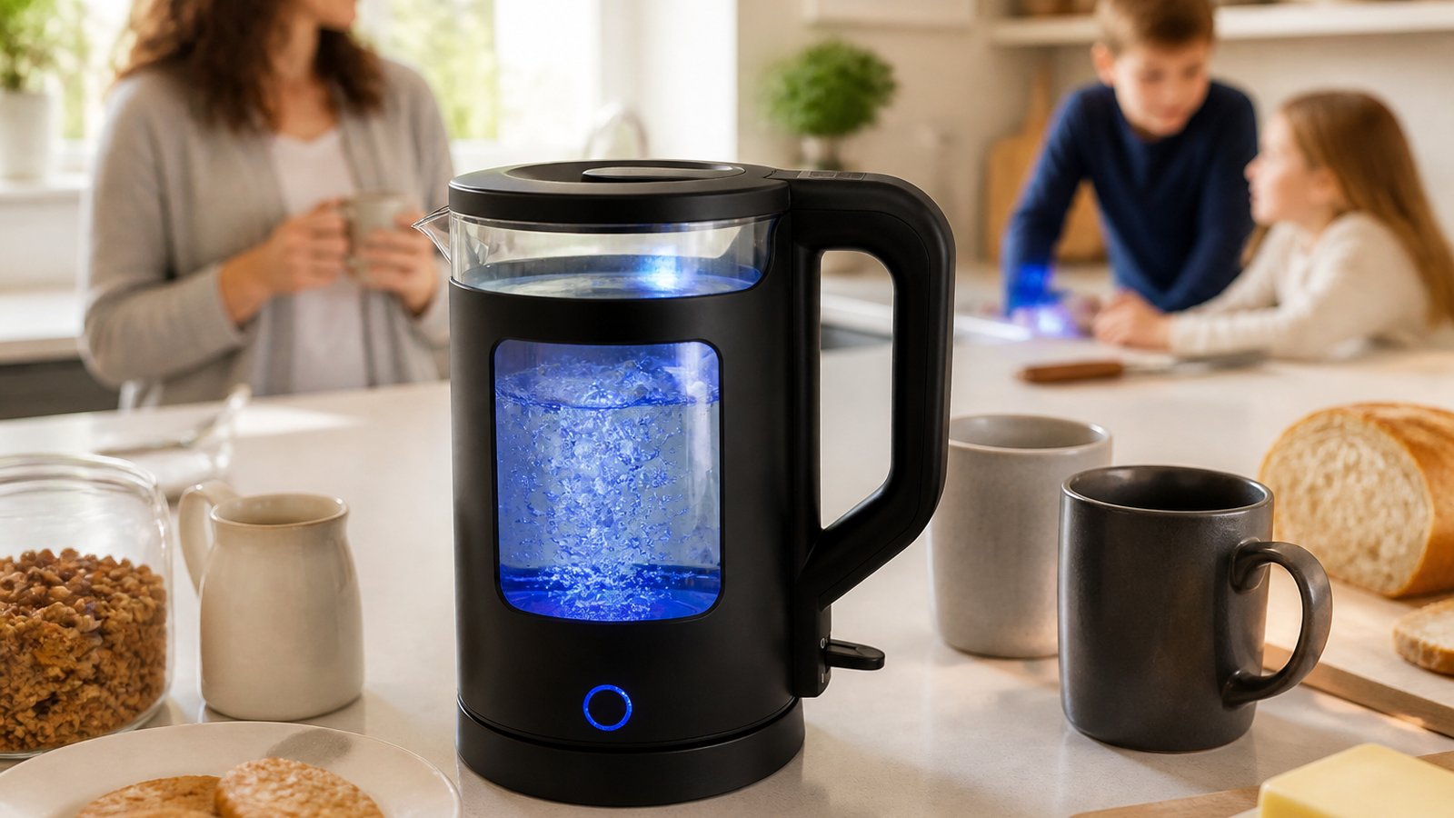 Blue-LED glass kettle ready for a family tea round