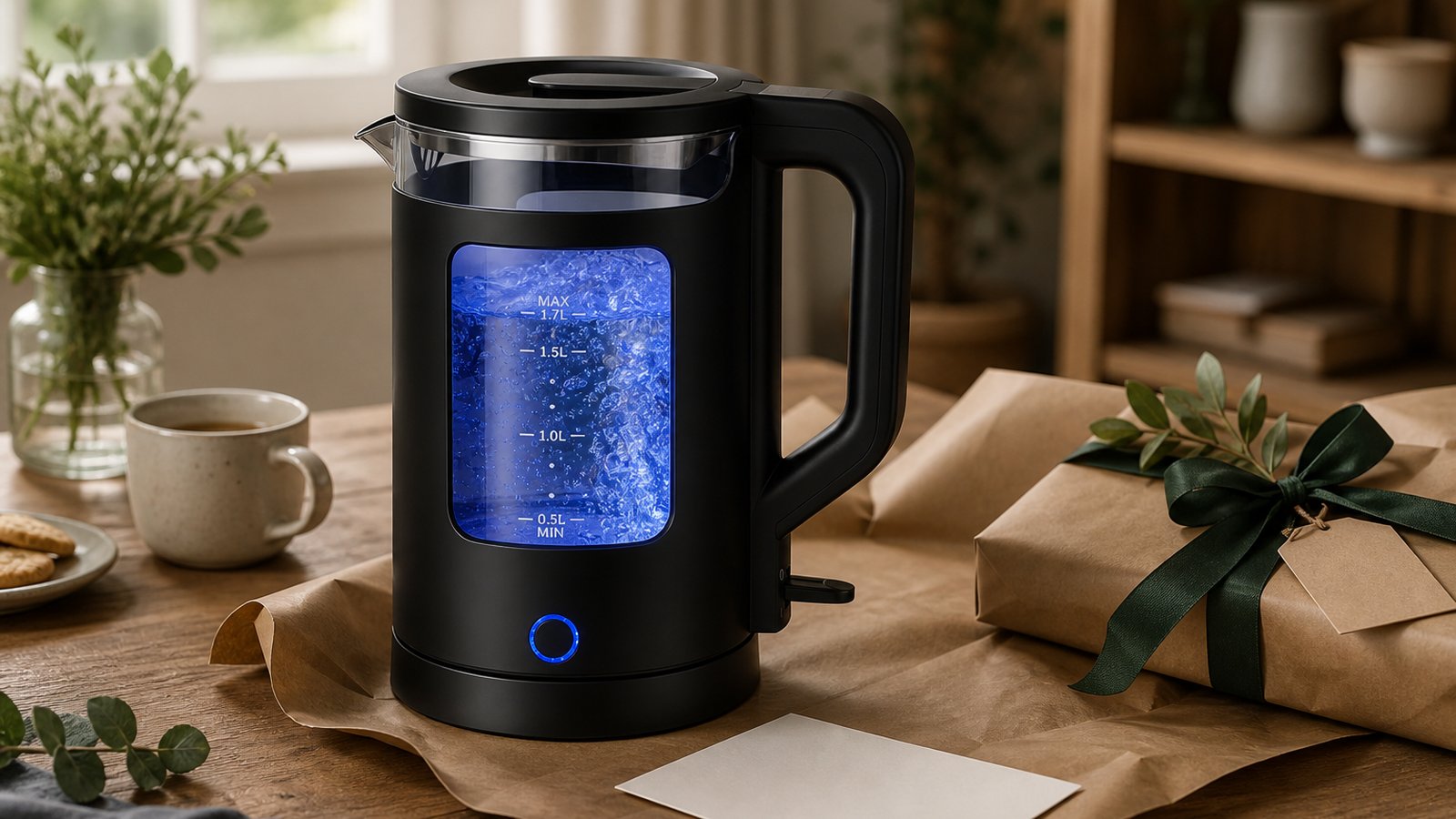Matte-black glass kettle styled as a practical home gift