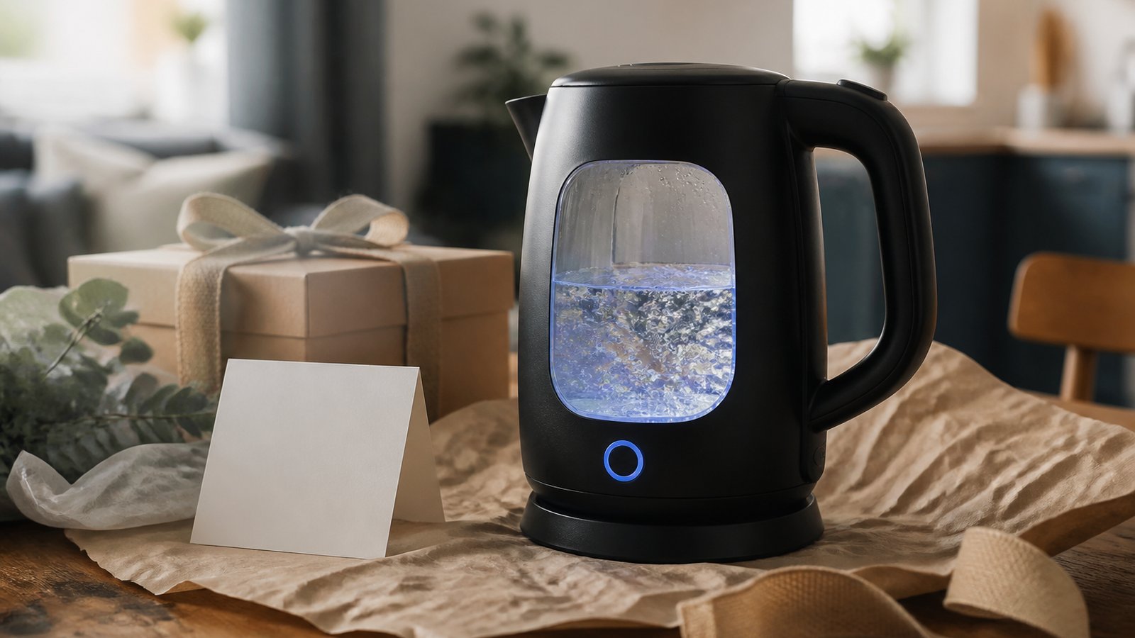 Matte-black glass kettle styled as a practical home gift