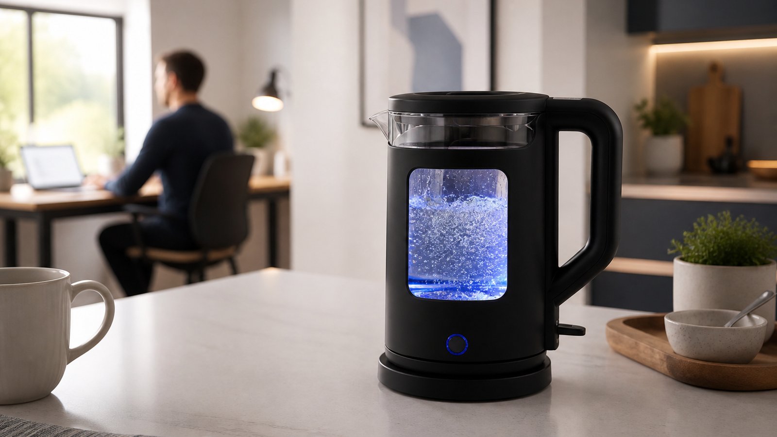 Quiet-boil glass kettle on an open-plan kitchen island