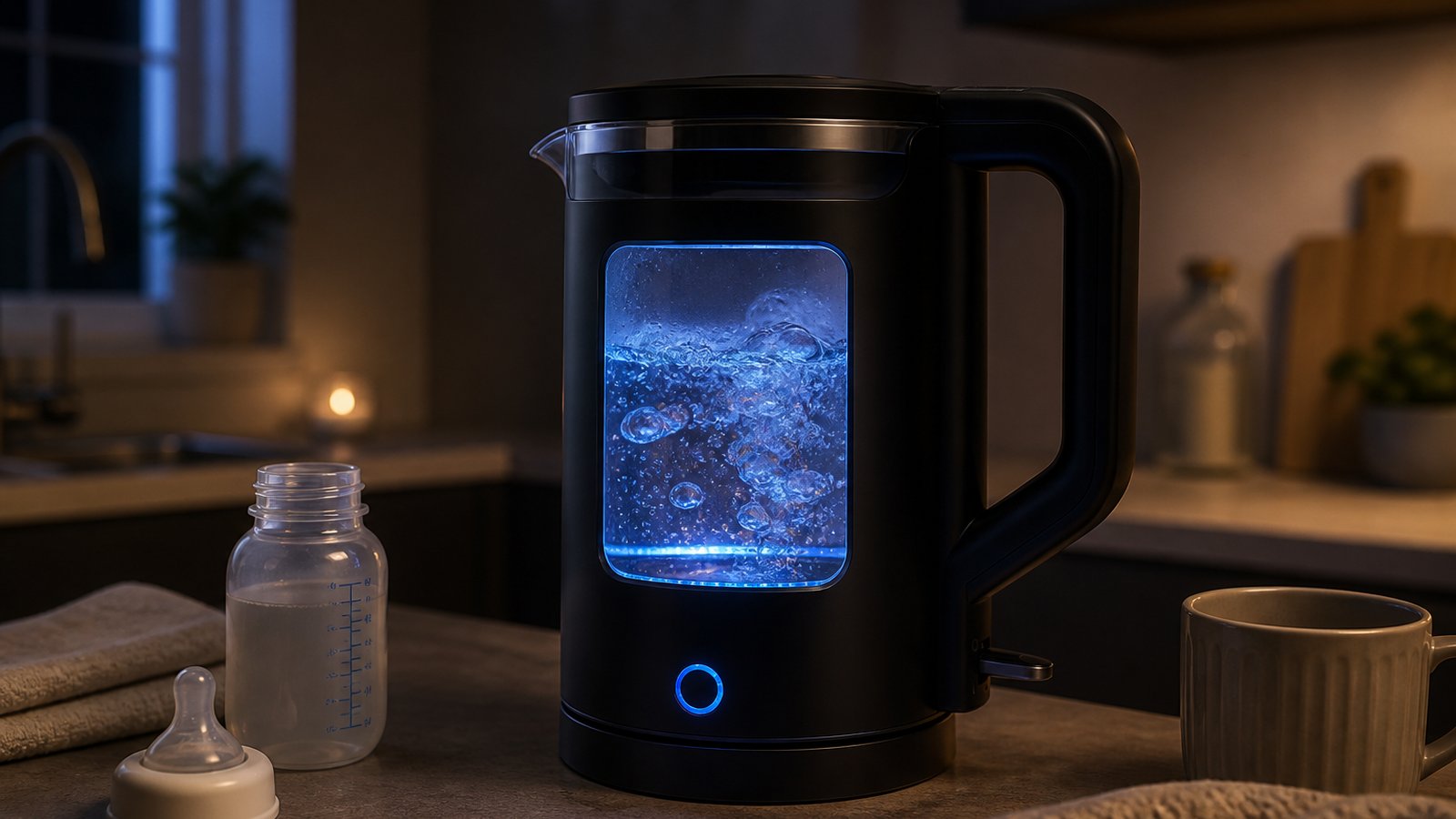 Quiet blue-LED glass kettle in a dim night kitchen