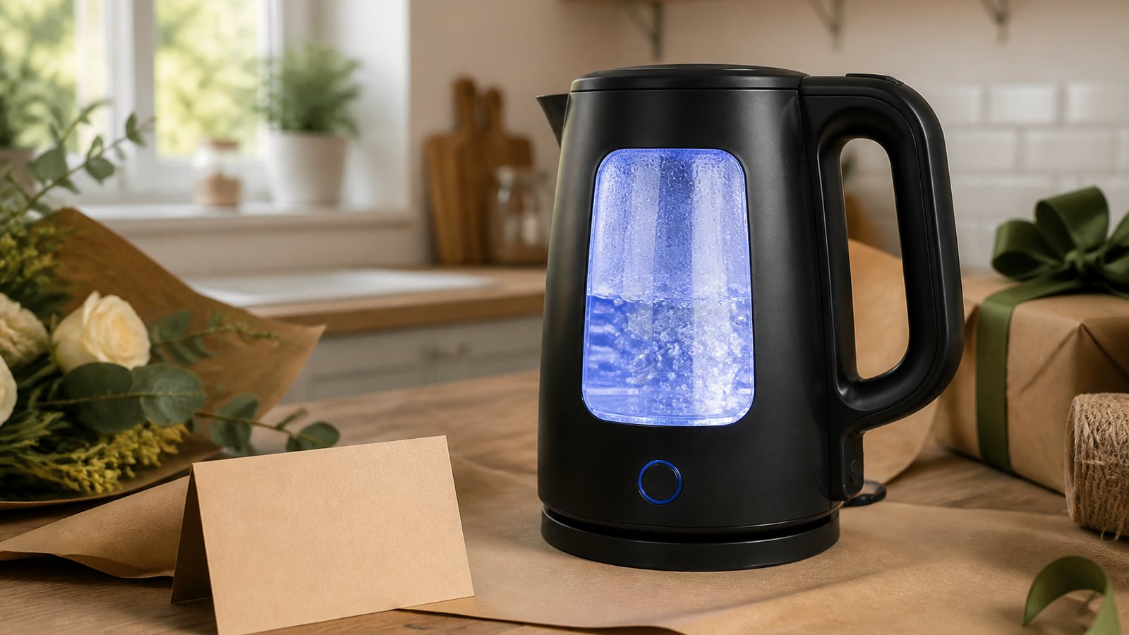 Matte-black glass kettle styled as a practical home gift