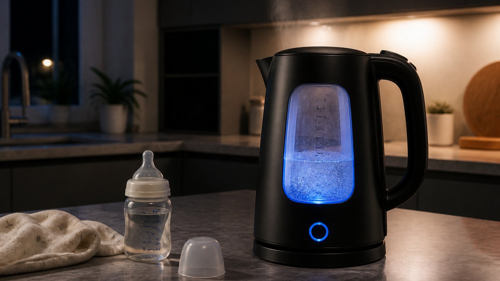 Quiet blue-LED glass kettle in a dim night kitchen