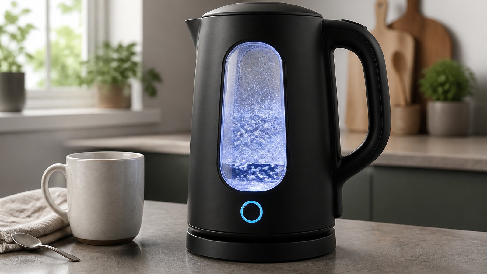 Glass kettle on base with soft keep-warm blue ring lit
