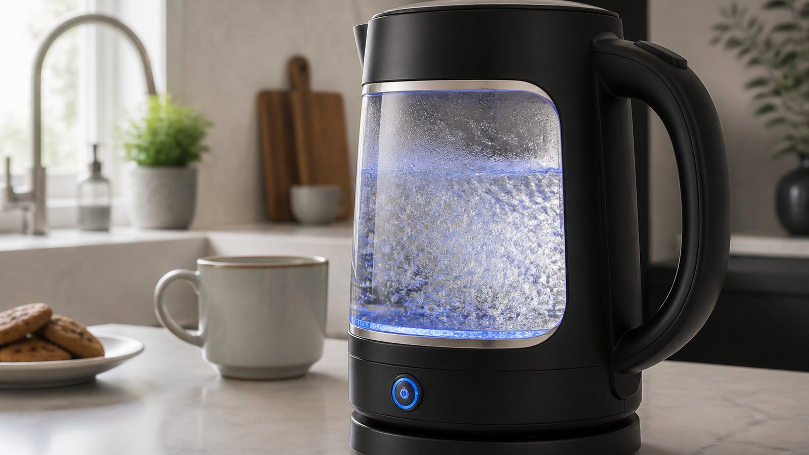 Borosilicate glass window and stainless accents on kettle