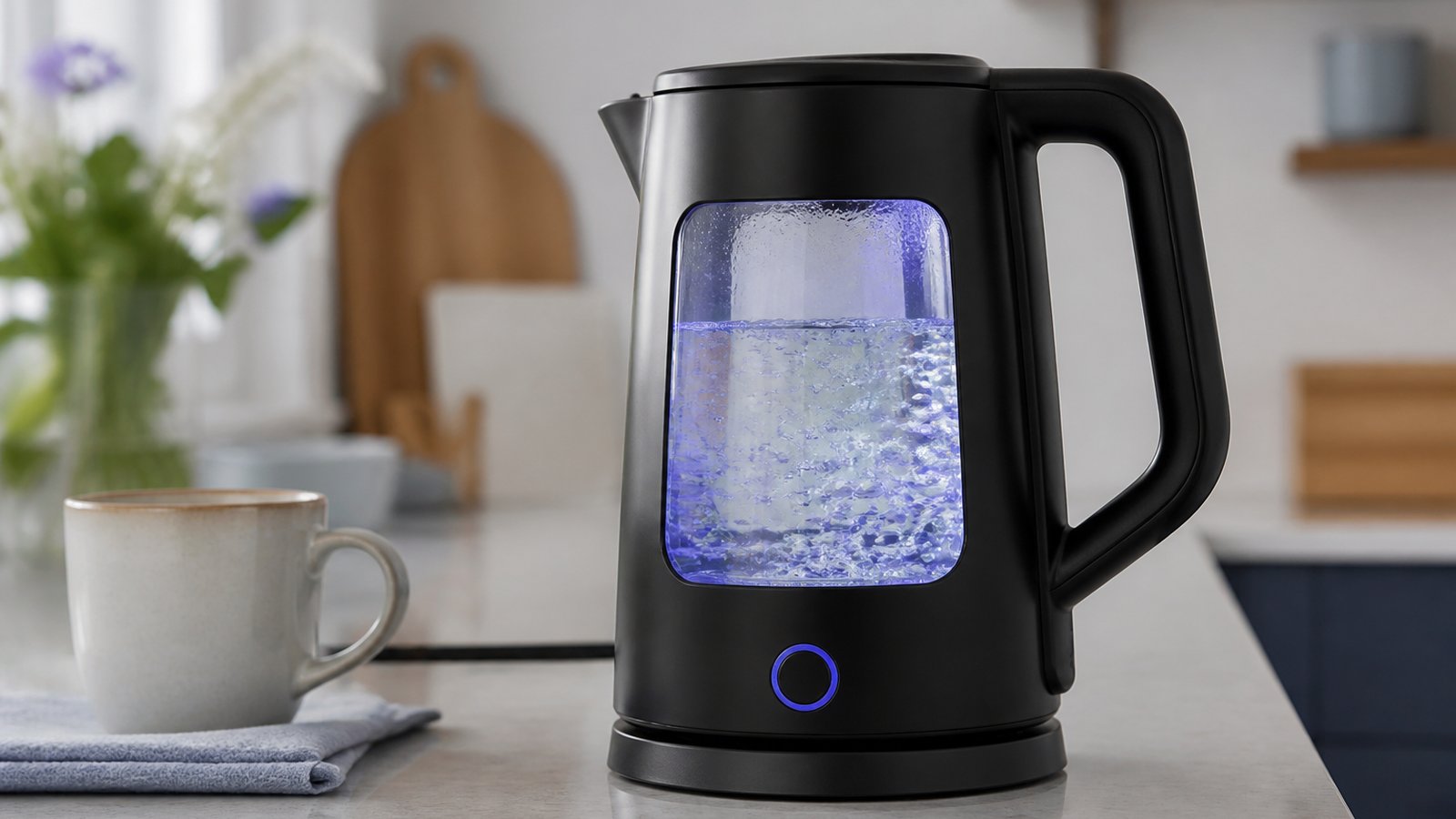 Easy-pour glass-window kettle on a clear kitchen worktop