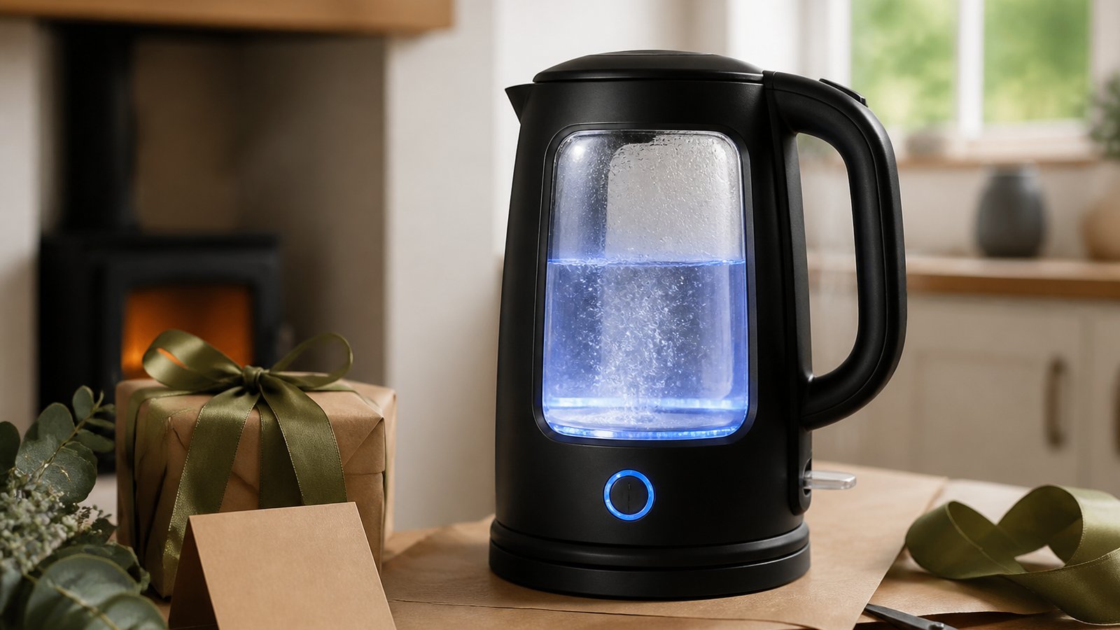 Matte-black glass kettle styled as a practical home gift