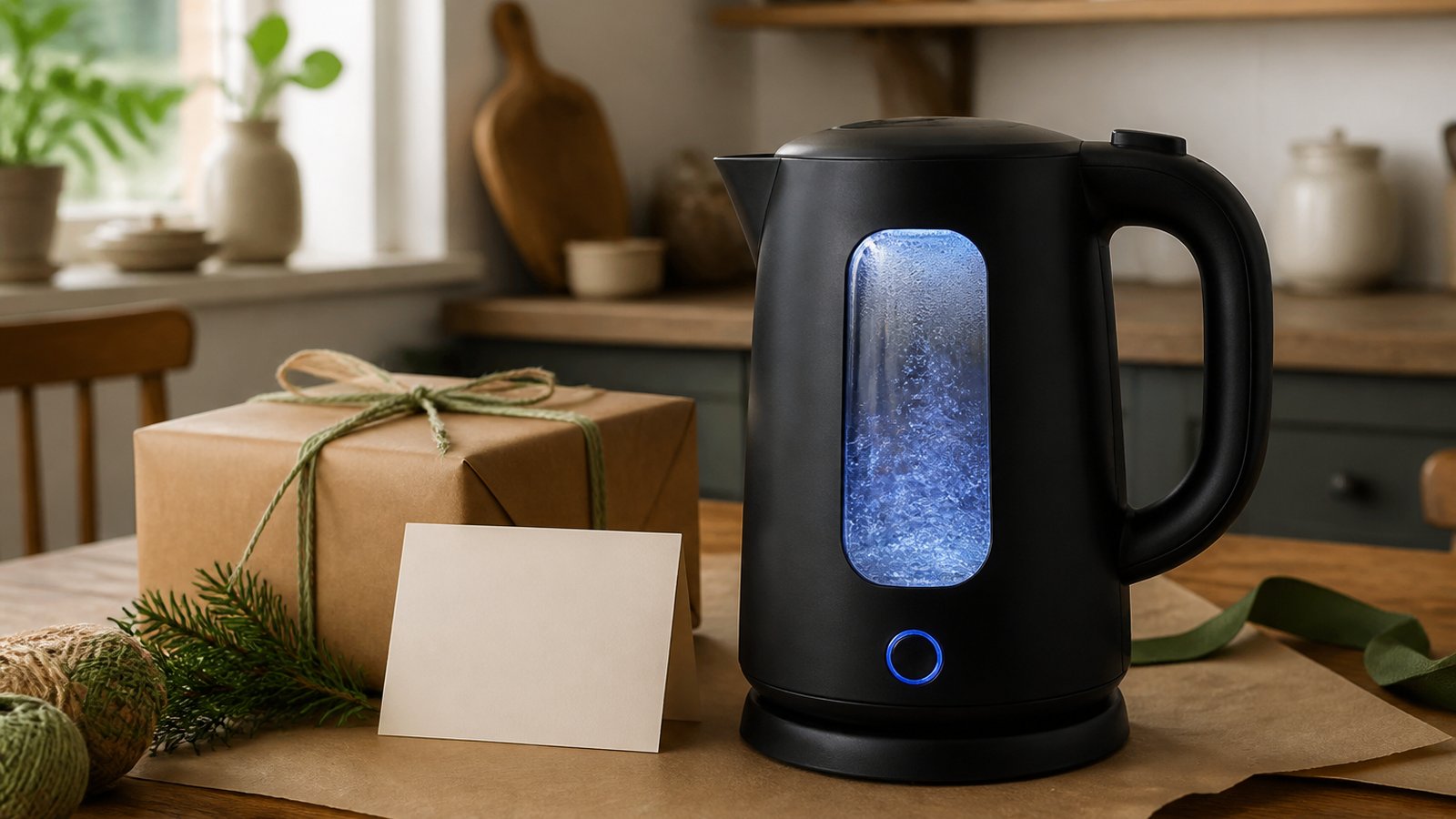 Matte-black glass kettle styled as a practical home gift
