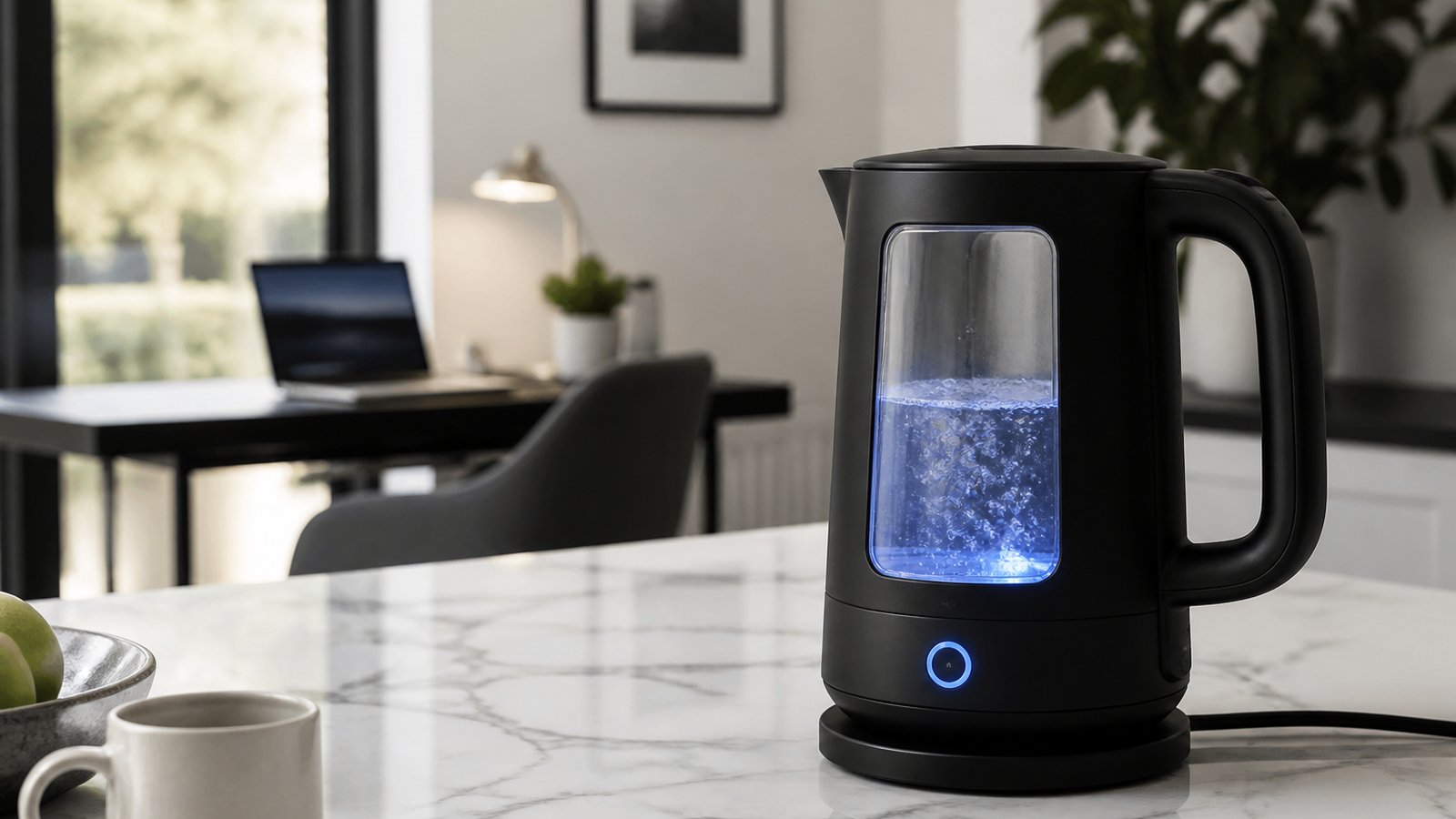 Quiet-boil glass kettle on an open-plan kitchen island