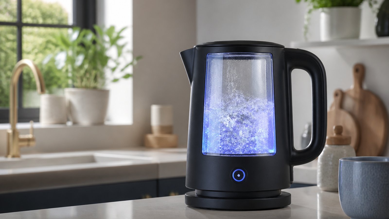 Blue LED glowing through a borosilicate kettle window