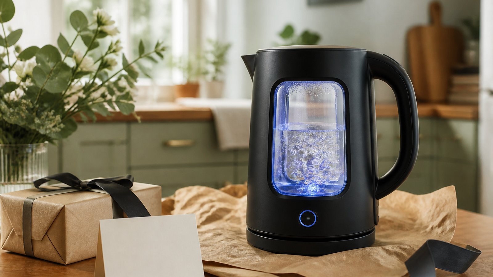 Matte-black glass kettle styled as a practical home gift
