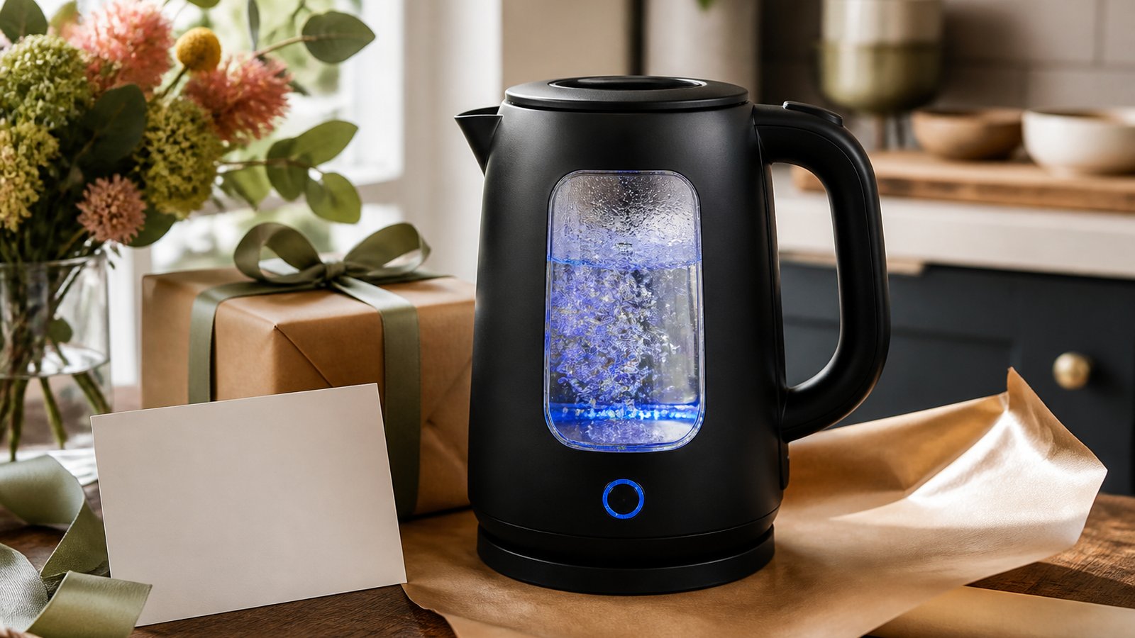 Matte-black glass kettle styled as a practical home gift