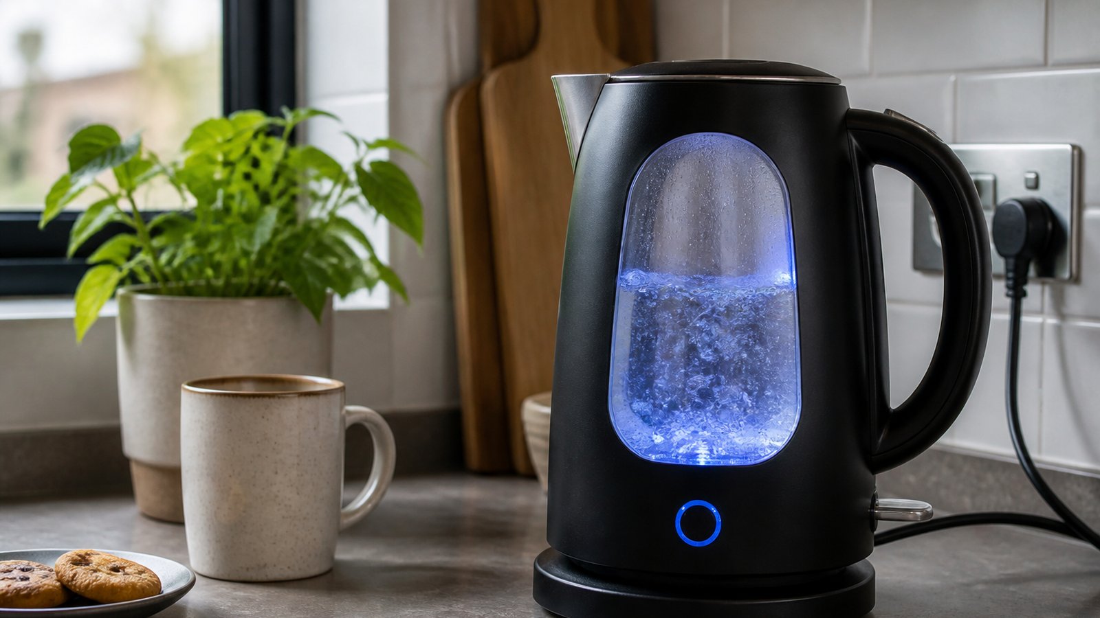 Black glass-window kettle on a rotational power base