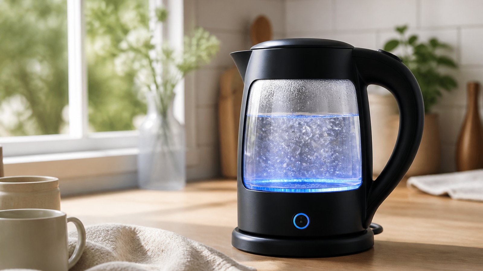 Easy-pour glass-window kettle on a clear kitchen worktop
