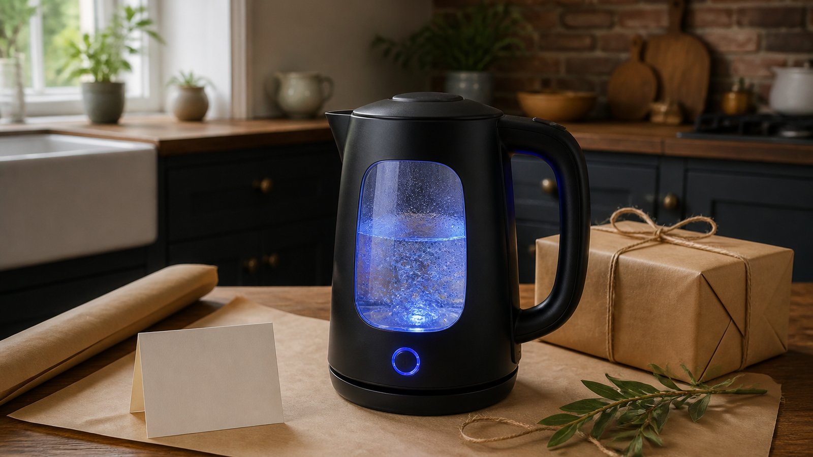Matte-black glass kettle styled as a practical home gift