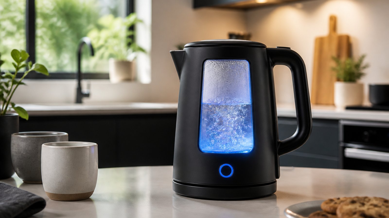 Blue LED glowing through a borosilicate kettle window