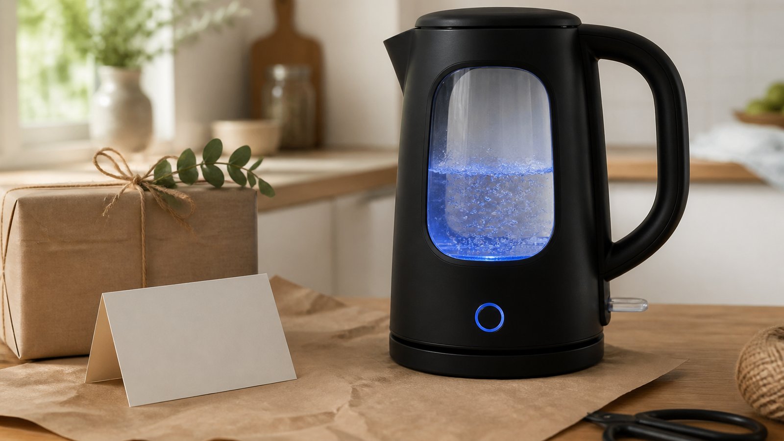 Matte-black glass kettle styled as a practical home gift