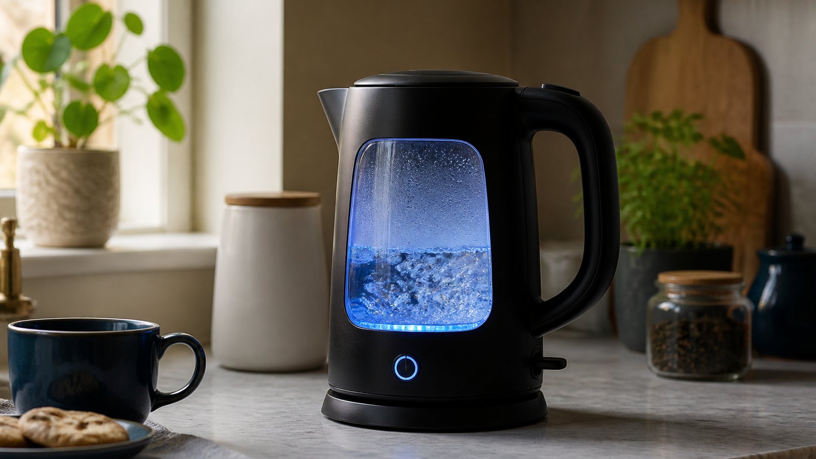 Matte-black borosilicate glass-window electric kettle