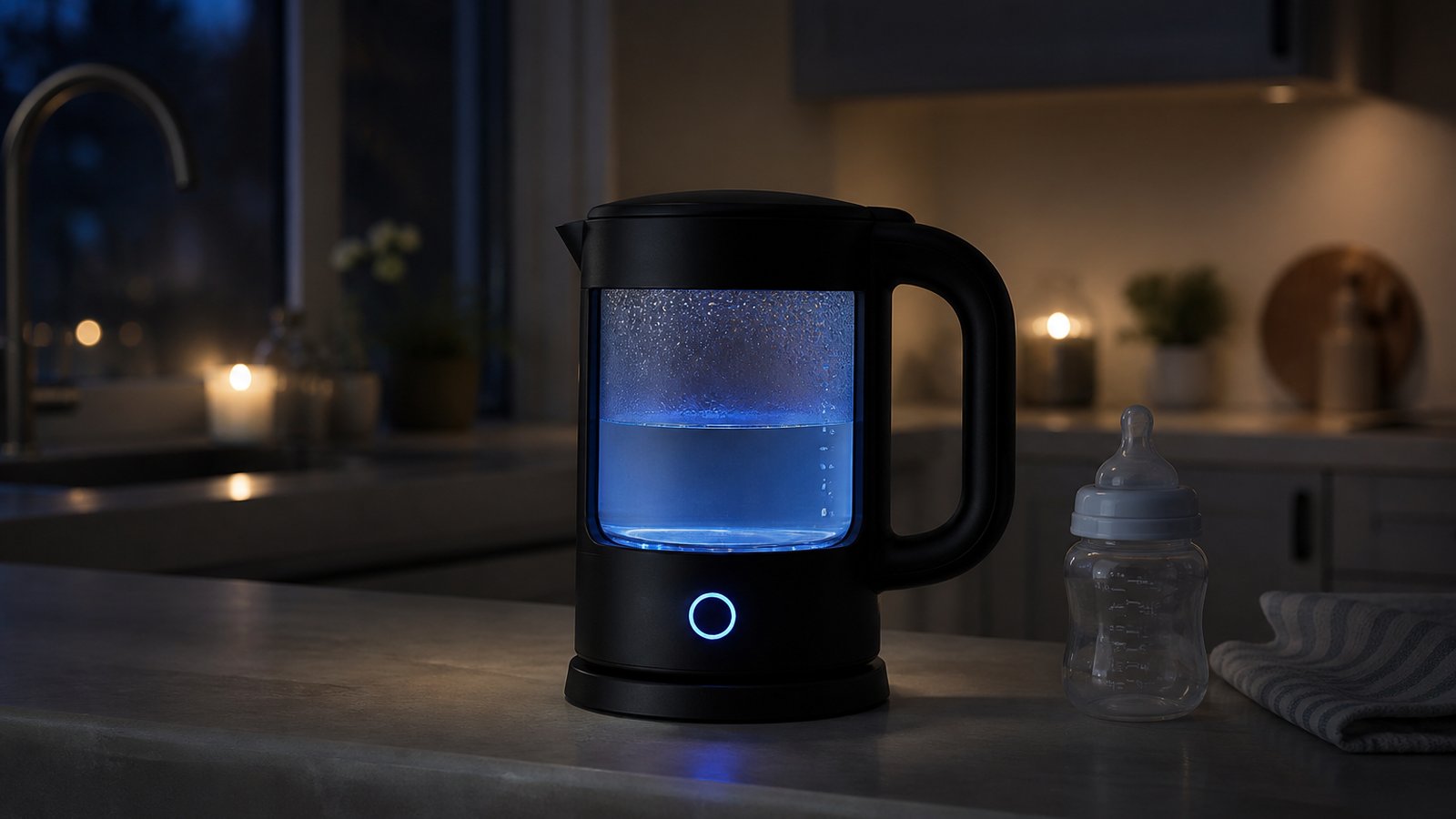 Quiet blue-LED glass kettle in a dim night kitchen