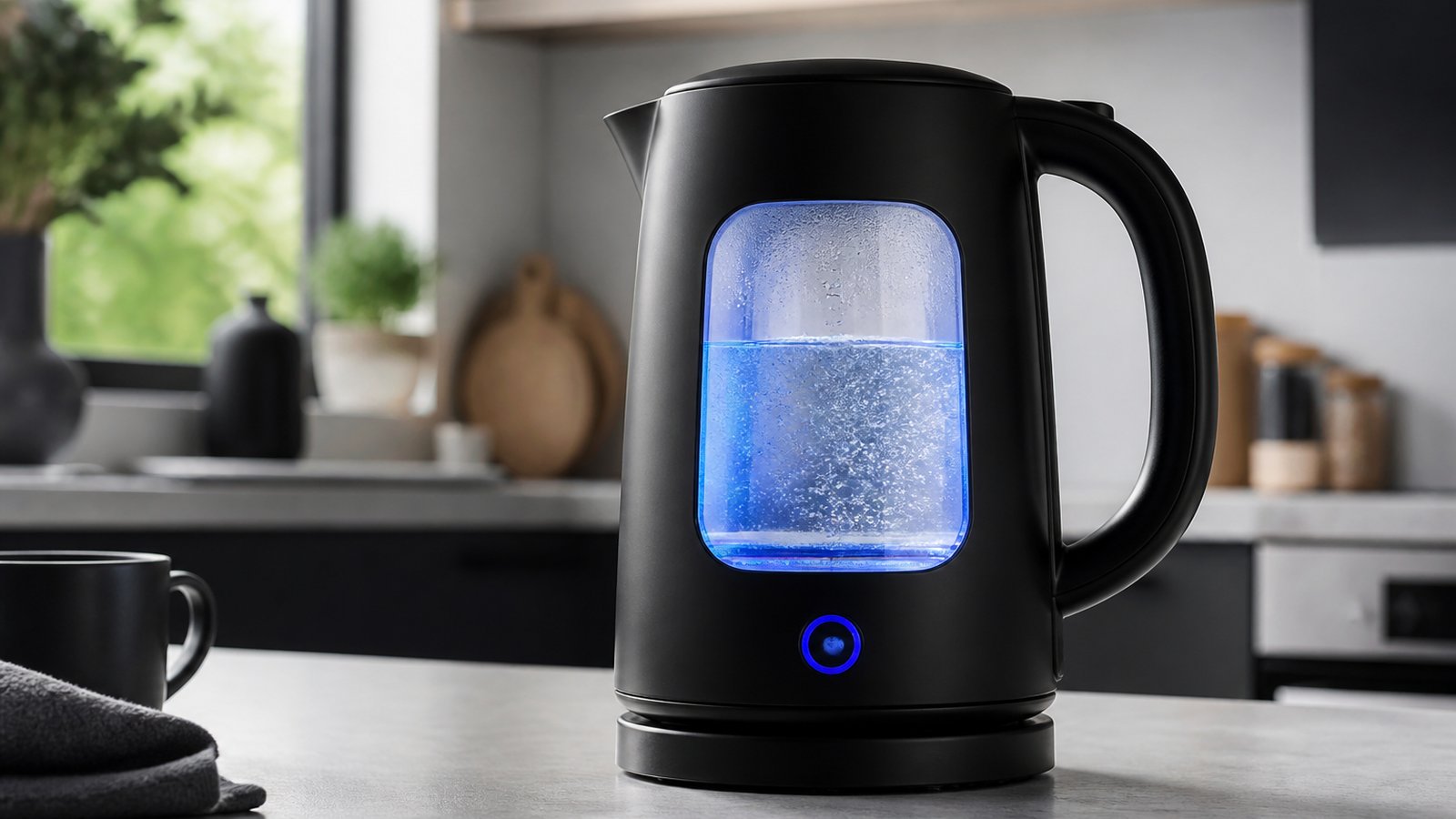 Blue LED glowing through a borosilicate kettle window