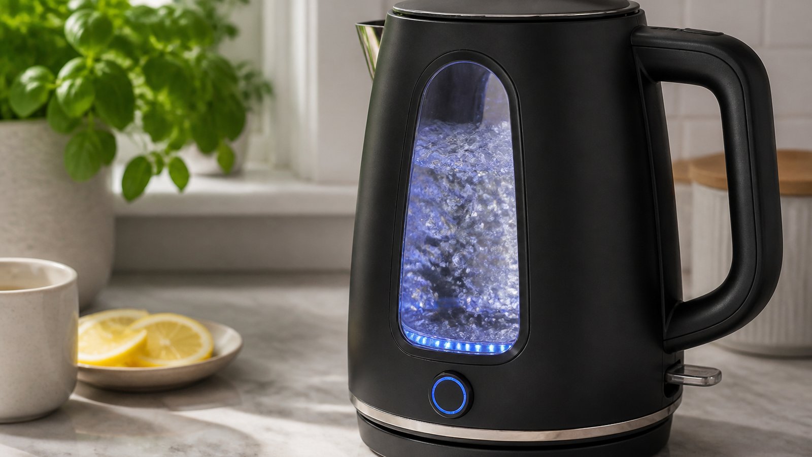 Borosilicate glass window and stainless accents on kettle