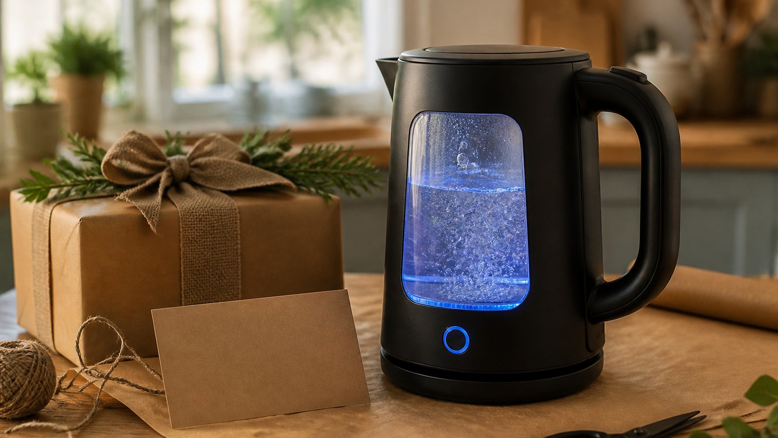 Matte-black glass kettle styled as a practical home gift