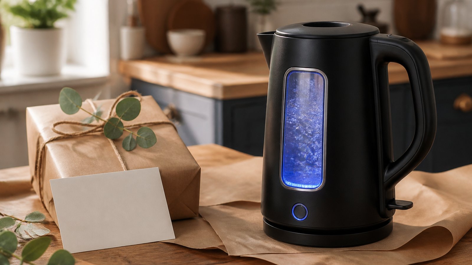 Matte-black glass kettle styled as a practical home gift