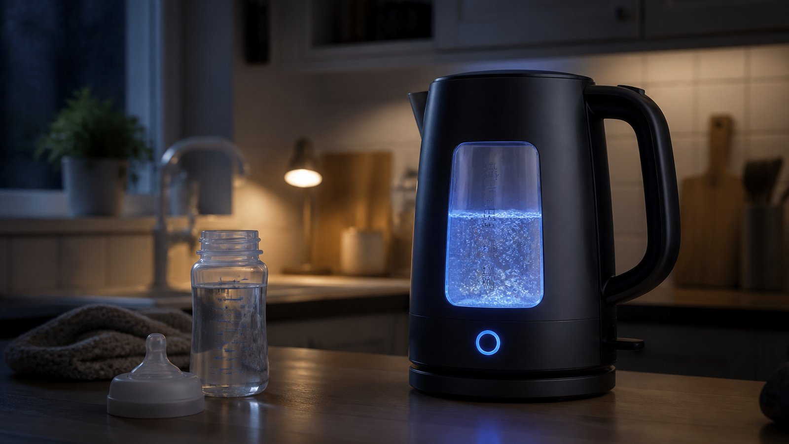 Quiet blue-LED glass kettle in a dim night kitchen