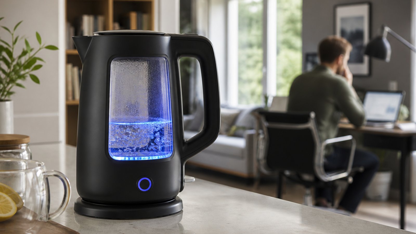 Quiet-boil glass kettle on an open-plan kitchen island