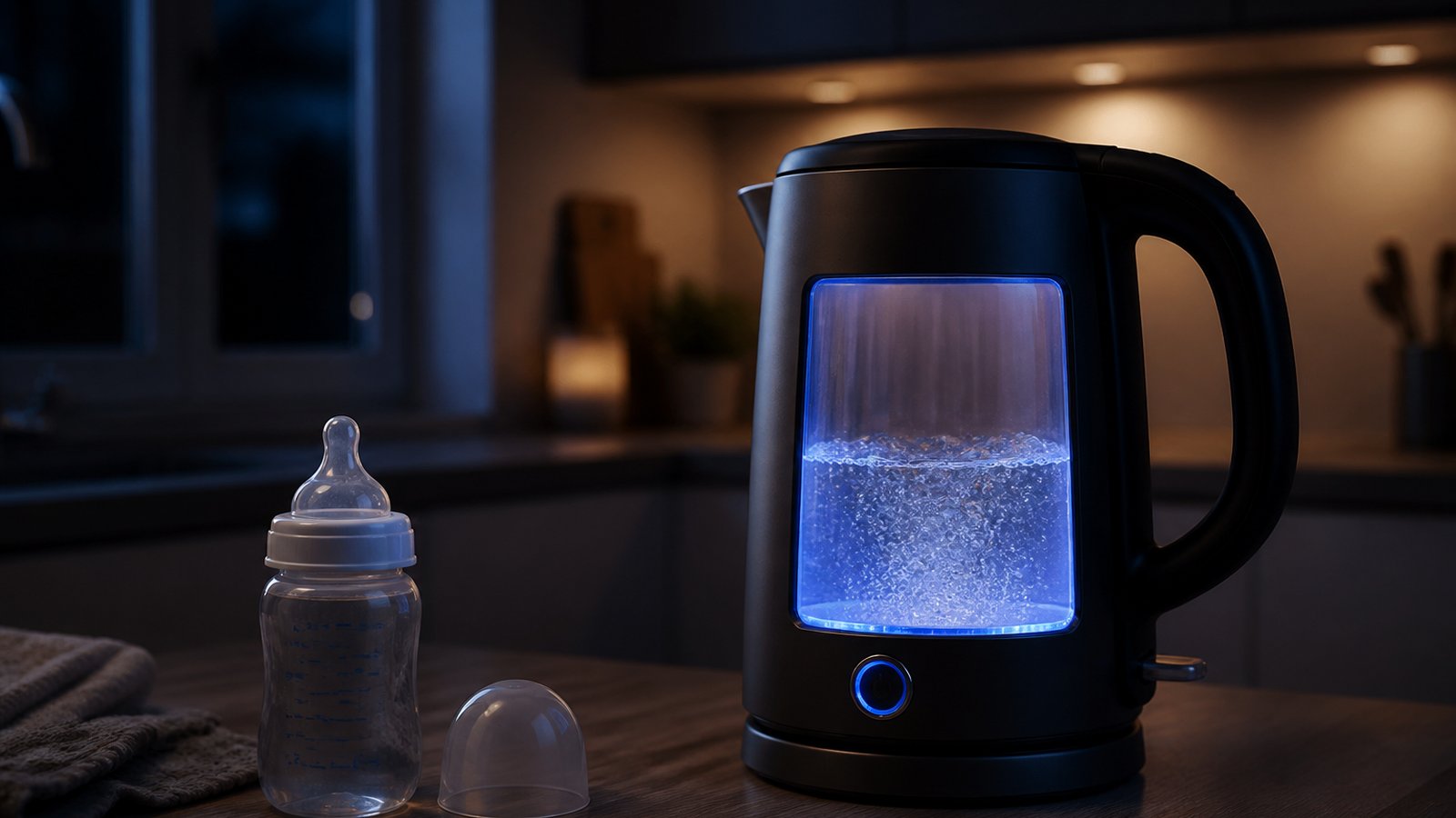 Quiet blue-LED glass kettle in a dim night kitchen