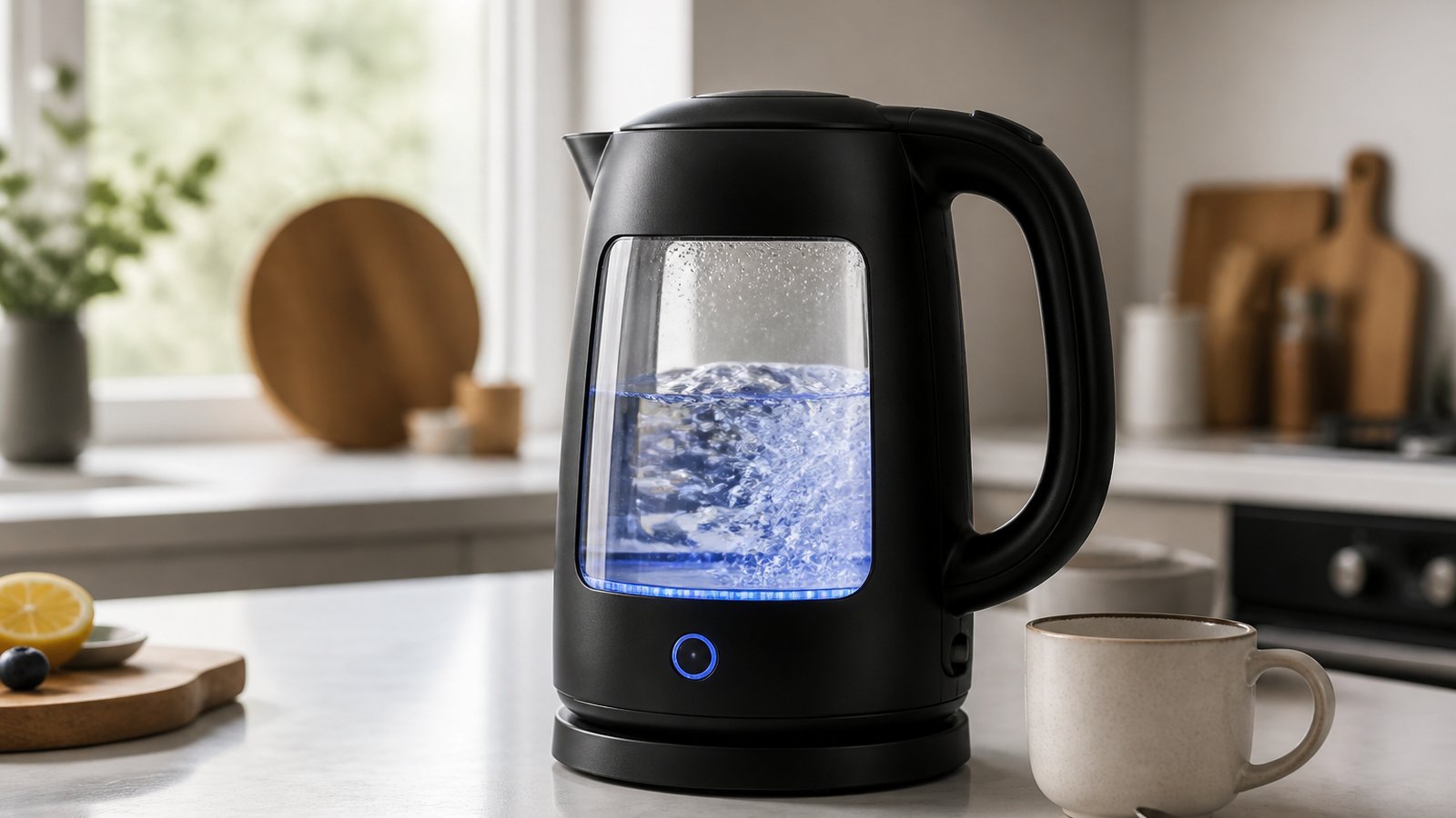 Easy-pour glass-window kettle on a clear kitchen worktop