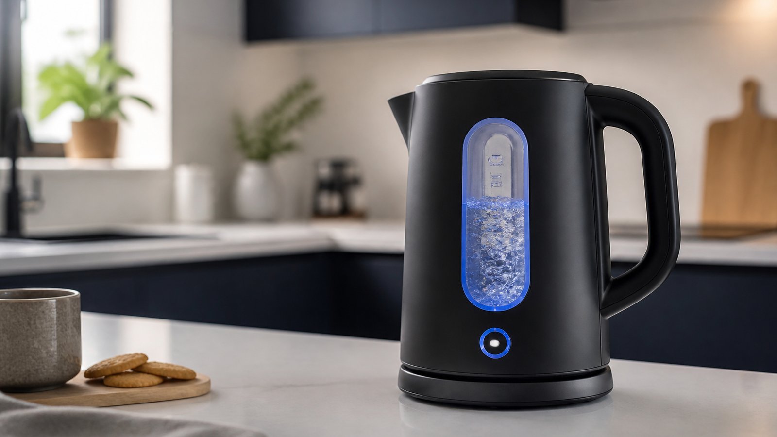 Blue LED glowing through a borosilicate kettle window