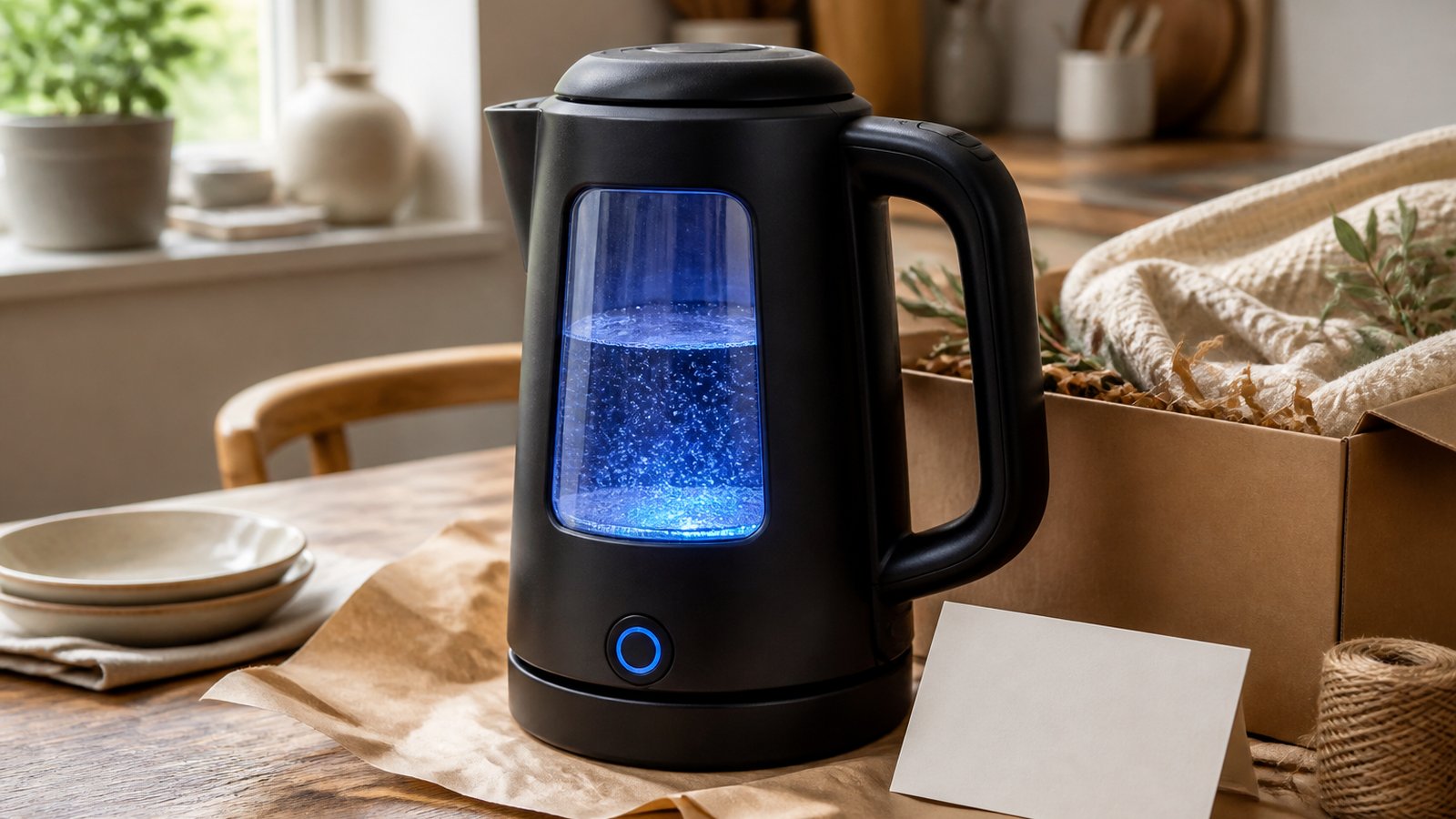 Matte-black glass kettle styled as a practical home gift
