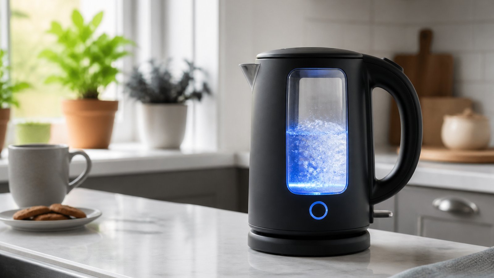 Easy-pour glass-window kettle on a clear kitchen worktop
