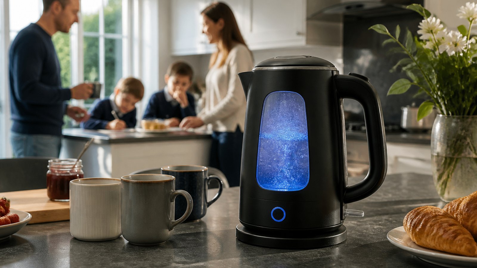 Blue-LED glass kettle ready for a family tea round