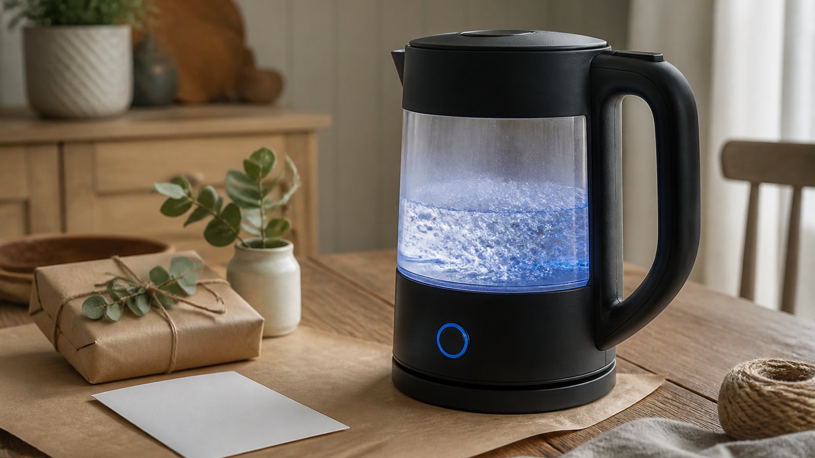Matte-black glass kettle styled as a practical home gift
